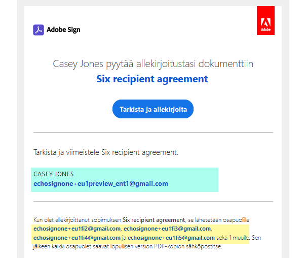Kuuden vastaanottajan sähköposti