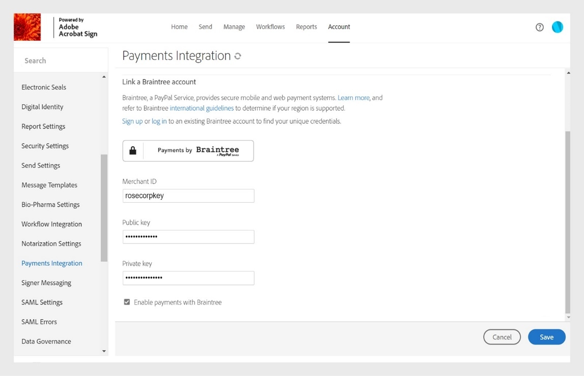 Nagpapakita ang Acrobat Sign Payment Integration page ng mga opsyon para sa pagbibigay at pag-save ng bagong merchant information upang ma-update ang online koleksyon ng bayad.
