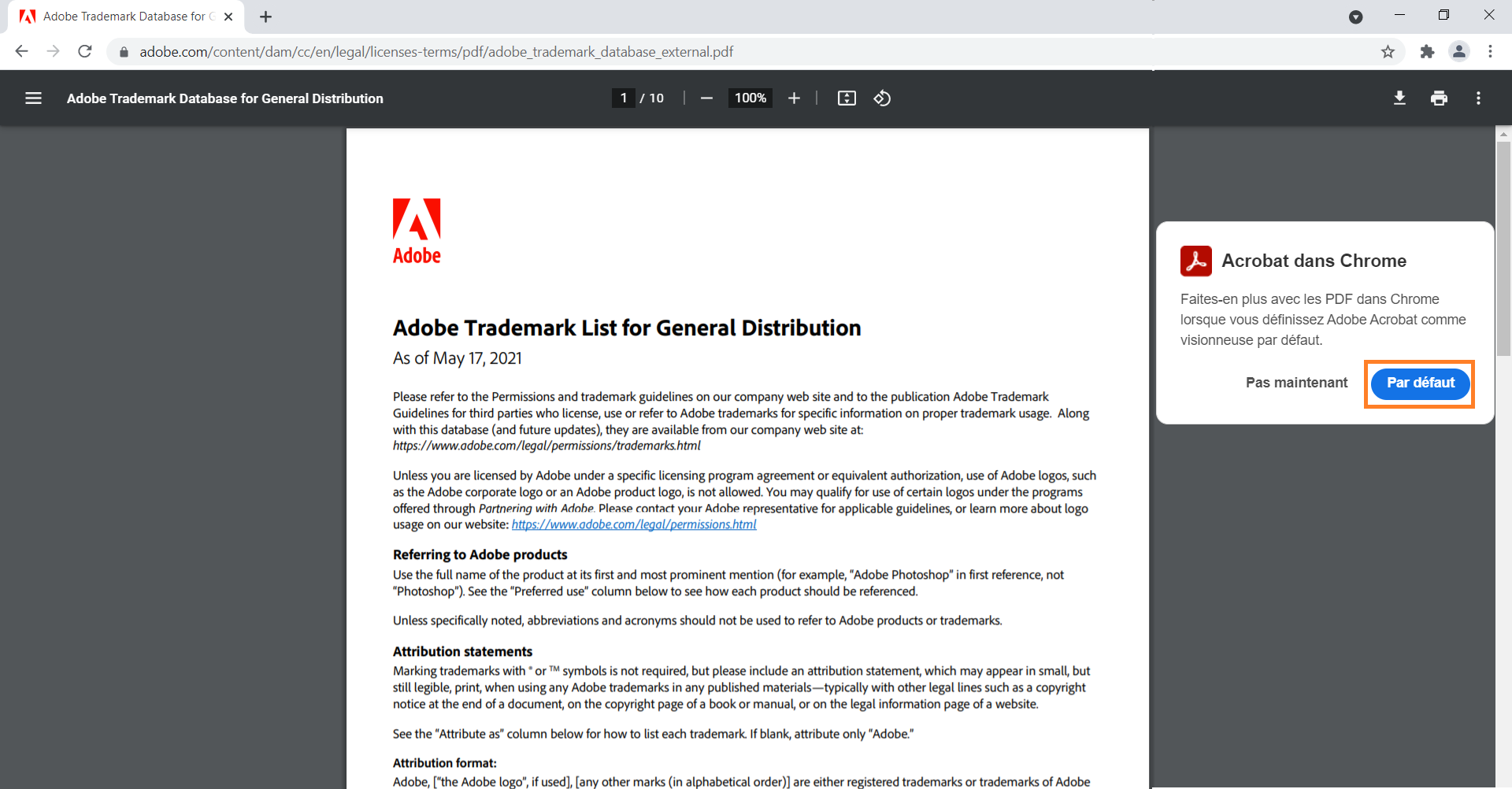 Définissez la visionneuse Acrobat comme application par défaut