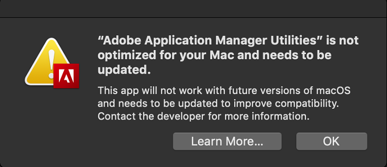 Avertissement - Adobe Application Manager n’est pas optimisé pour votre Mac