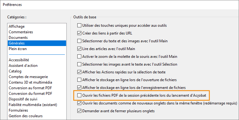 Paramétrer la réouverture des fichiers PDF de la dernière session Acrobat