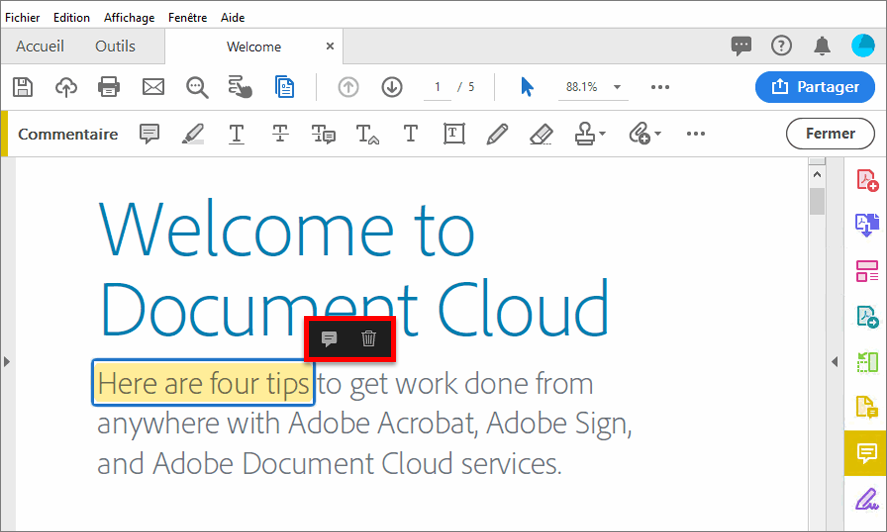 Actions sur la sélection d’un élément surligné