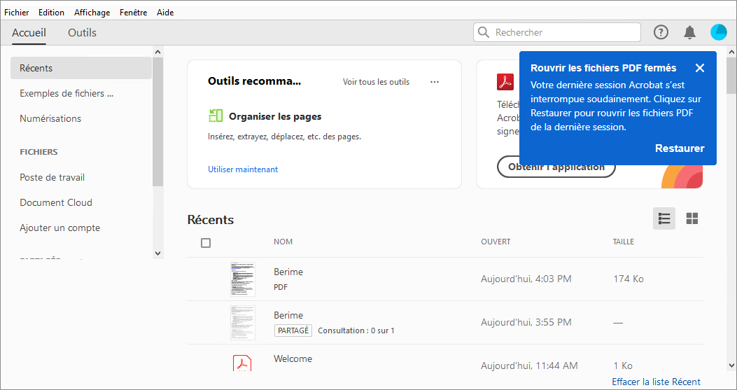 Rouvrir les fichiers PDF fermés