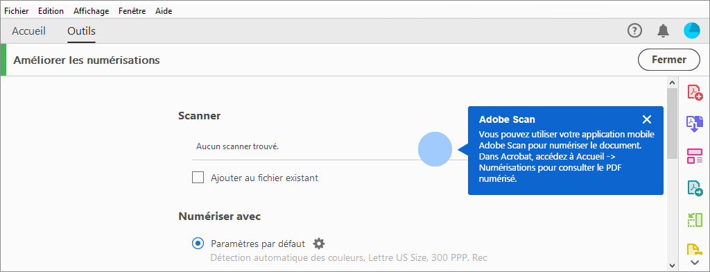 Conseil contextuel pour utiliser l’application mobile Adobe Scan si aucun scanner n’a été trouvé