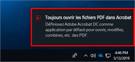 Notification toast pour définir Acrobat comme application d’ouverture par défaut des fichiers PDF