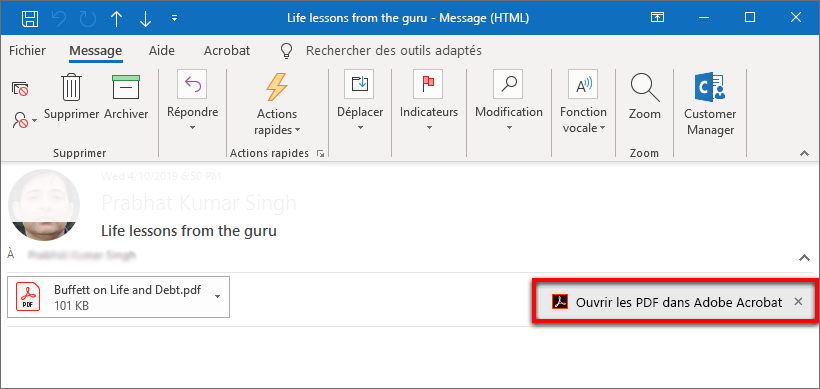 Ouvrir une pièce jointe au format PDF dans Acrobat à partir d’Outlook