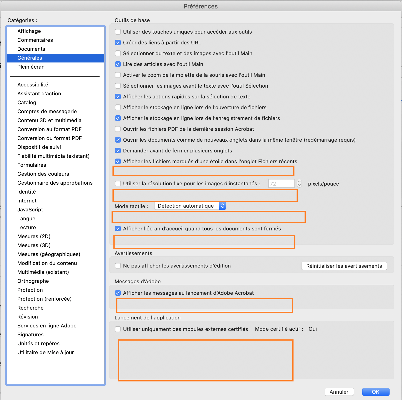 Boîte de dialogue Préférences générales sous macOS