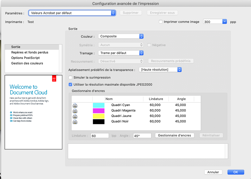 Boîte de dialogue Configuration avancée de l’impression