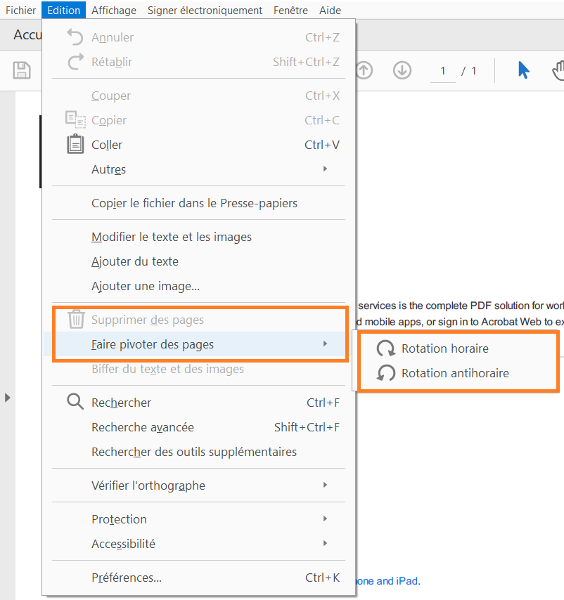 Modifier > Supprimer des pages ou Faire pivoter des pages
