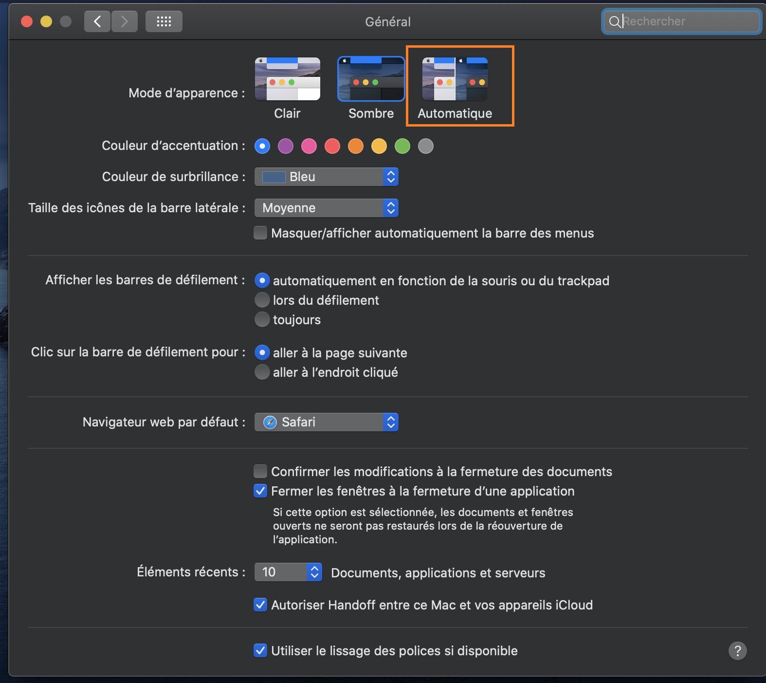Thème macOS défini sur Auto