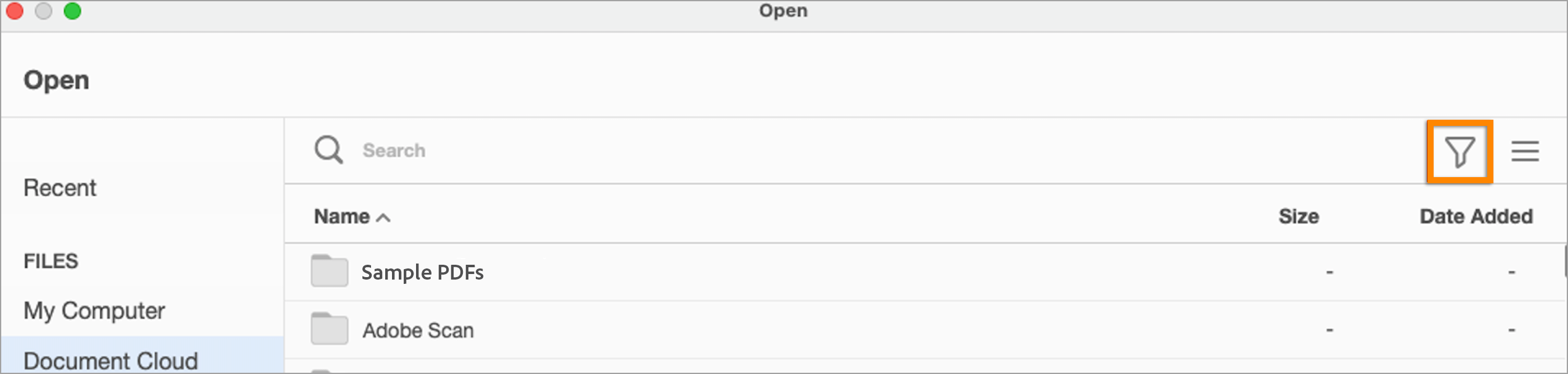 Filtre supprimé de la boîte de dialogue d’ouverture de fichier personnalisée dans Document Cloud