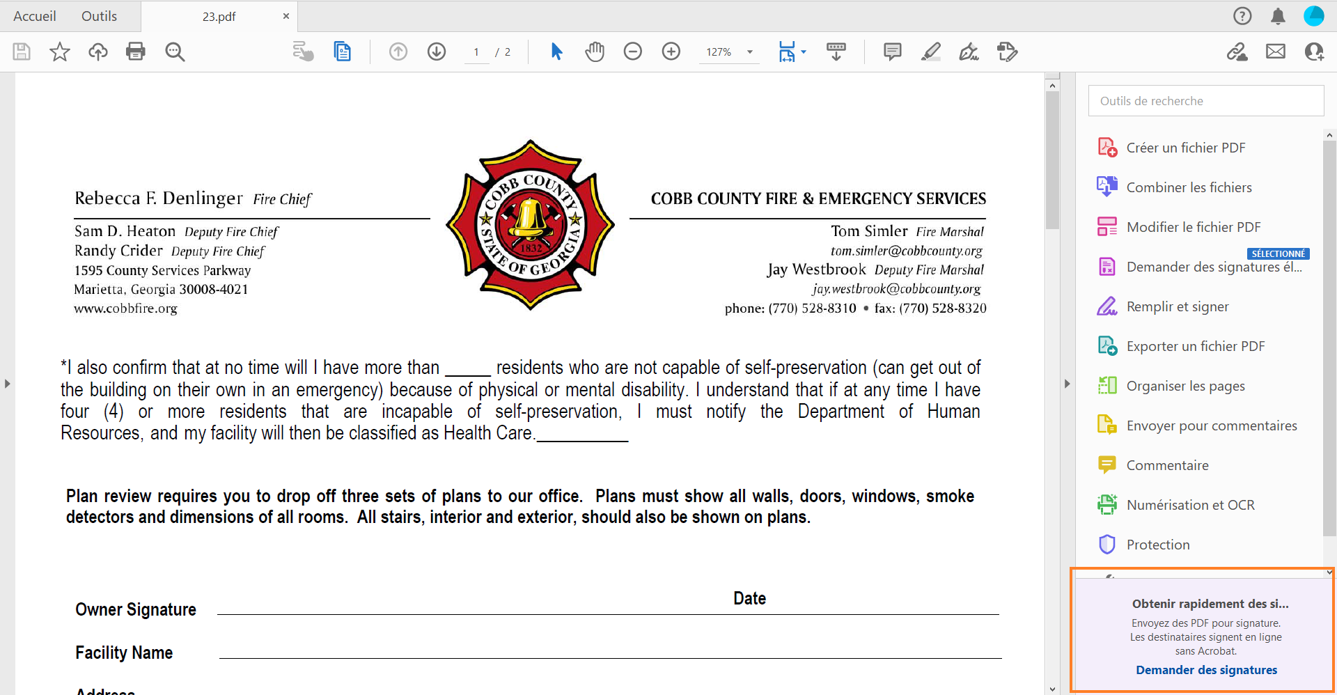 Message Demander des signatures dans le volet de droite 
