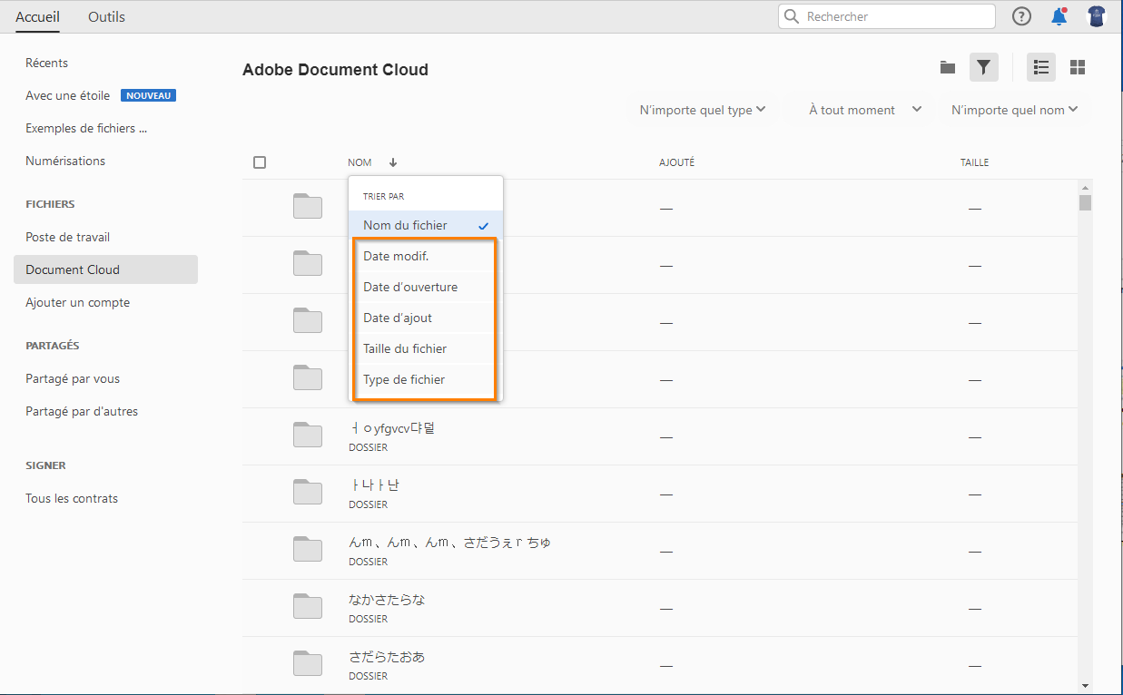 Trier les fichiers dans Document Cloud