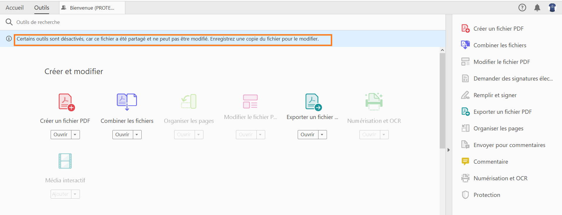 Message dans le centre d’outils pour les fichiers partagés