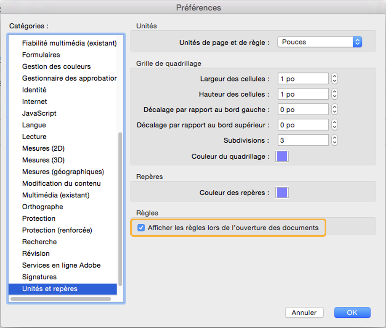 Afficher les règles lors de l’ouverture des documents