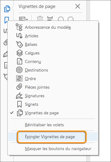 Épingler l’entrée du panneau de gauche à partir du menu contextuel