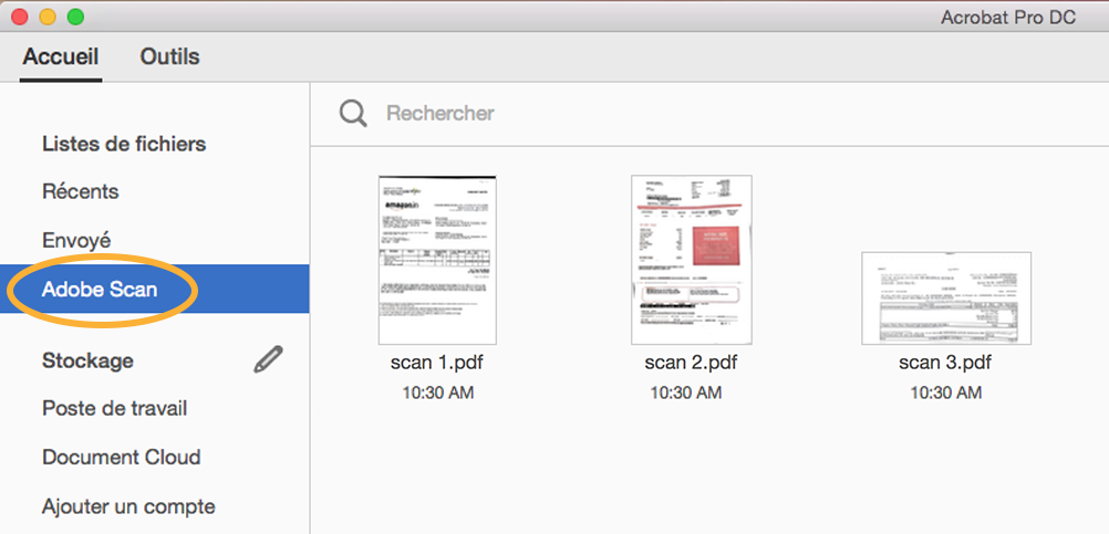 Fichiers de l’application mobile Adobe Scan dans la vue Accueil
