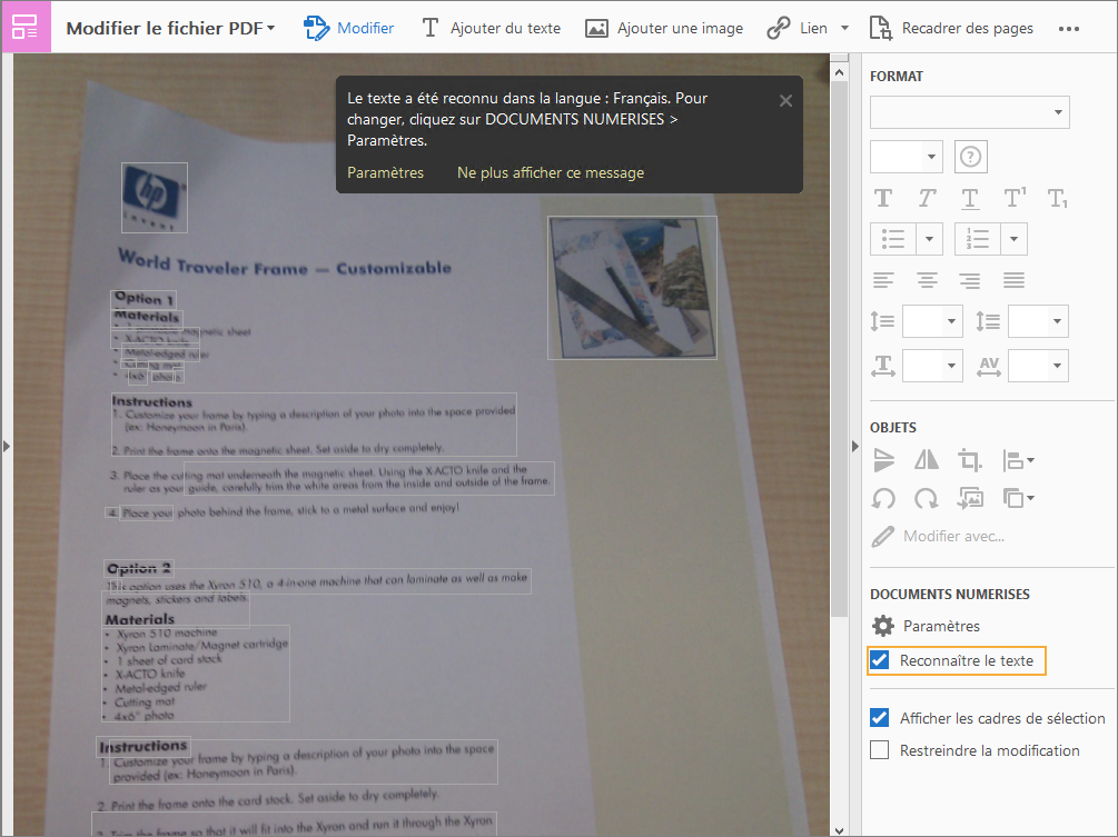 Option Reconnaître le texte