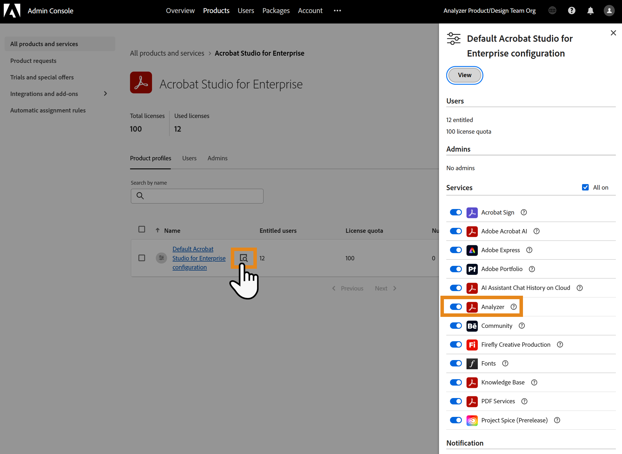 Adobe Admin Console affichant les détails du profil de produit Acrobat Studio pour les entreprises, avec le service Analyzer activé dans le panneau de configuration.