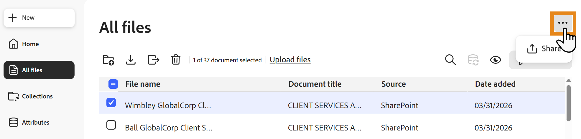 Vue Tous les fichiers avec le menu contextuel ouvert et l’action Partager disponible.