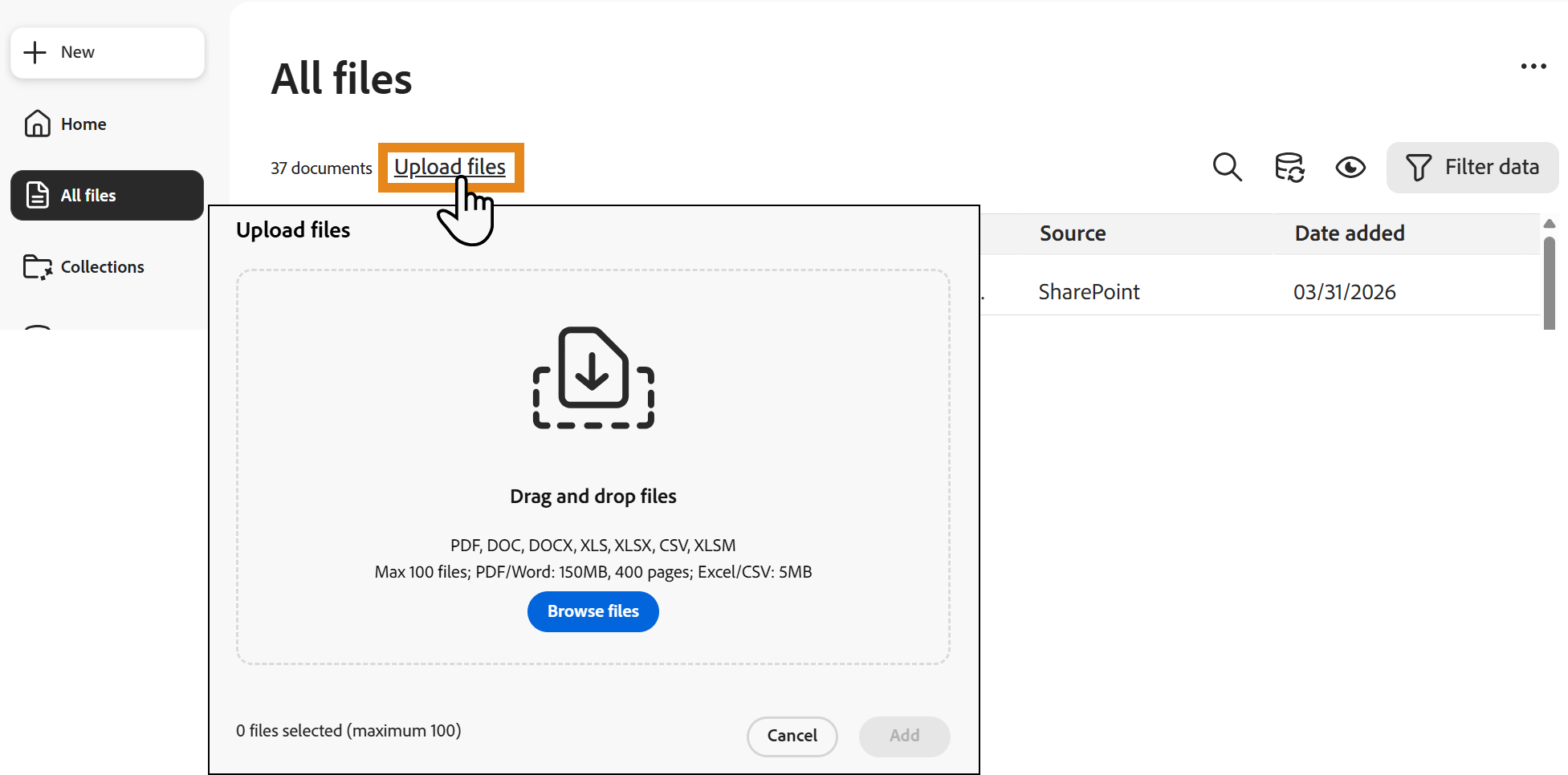 Panneau de chargement de fichiers avec des options pour glisser-déposer des fichiers ou parcourir les fichiers sur le système local.