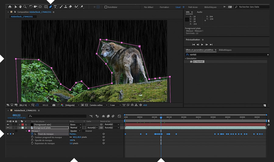 Un masque est dessiné autour des objets au premier plan et, si nécessaire, repositionné à mesure que le montage défile.