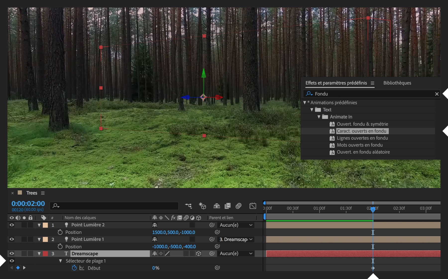 L’effet Caract. ouverts en fondu est appliqué au calque de texte dans le montage pour faire apparaître progressivement le texte.