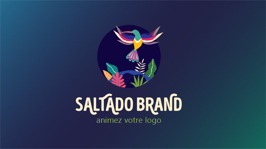 Image d'un logo avec un oiseau et des plantes exotiques, et le texte « Saltado Brand, animez votre logo »