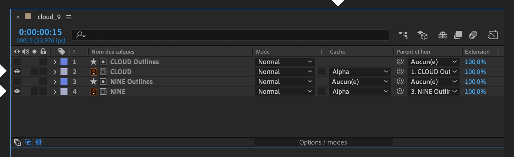 La visibilité des calques est activée, leur cache est défini sur Alpha et le calque Outlines au-dessus est référencé.