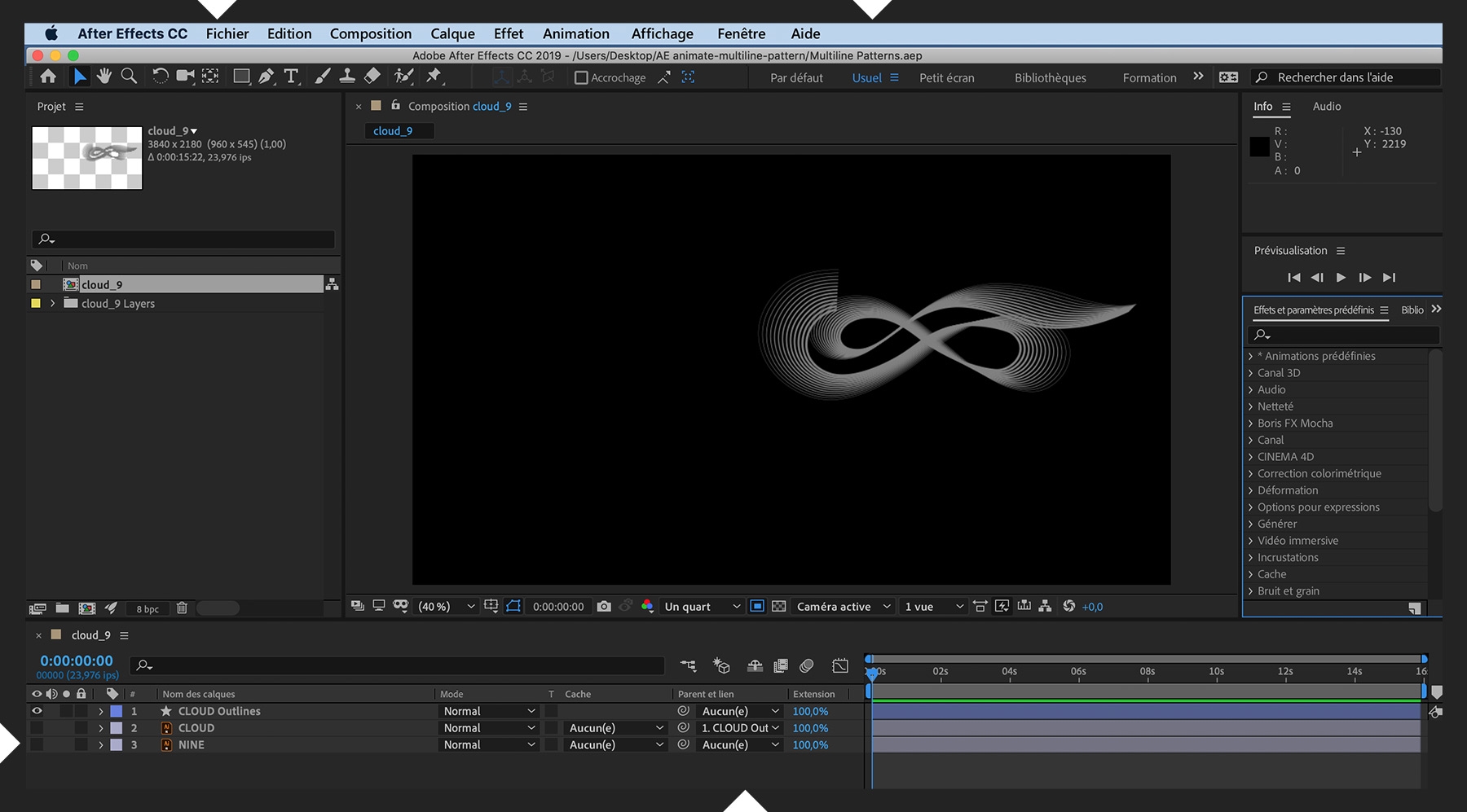 Un motif multiligne vectoriel blanc est importé. L’option Créer des formes à partir du calque vectoriel est choisie. Un lien de parenté est créé entre le calque original et le nouveau.