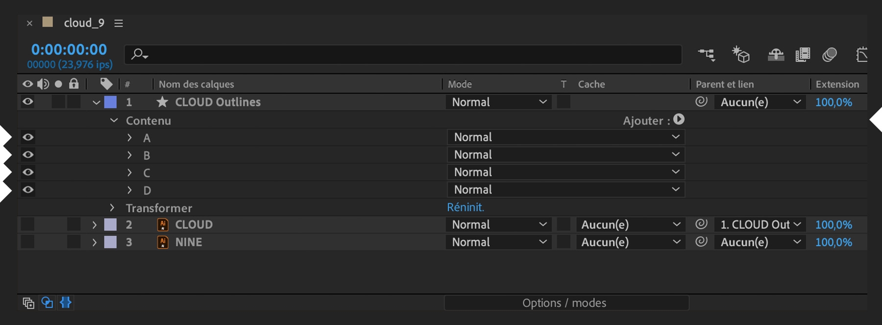 Les calques sont regroupés et dupliqués pour créer quatre groupes. Des lignes en alternance sont placées dans différents groupes pour créer des variantes.