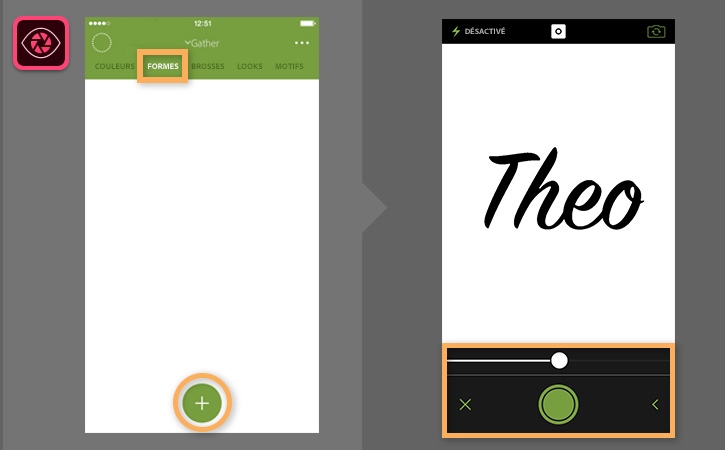 Affichage du prénom manuscrit « Theo » dans Adobe Capture sur un téléphone mobile
