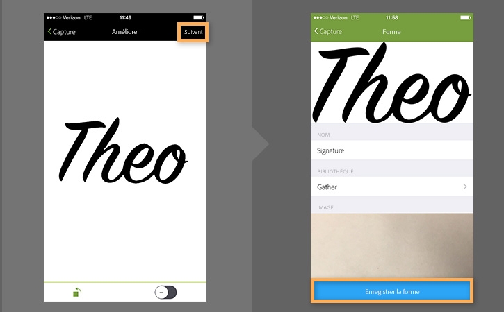 Enregistrement du prénom manuscrit « Theo » dans les bibliothèques Creative Cloud.