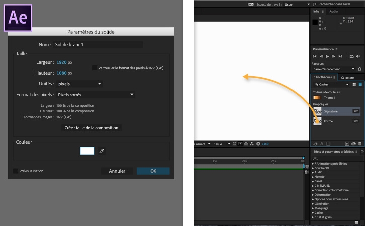 Création d’un calque et ajout par glisser-déposer de la signature Theo dans le panneau Composition depuis le panneau Bibliothèques.