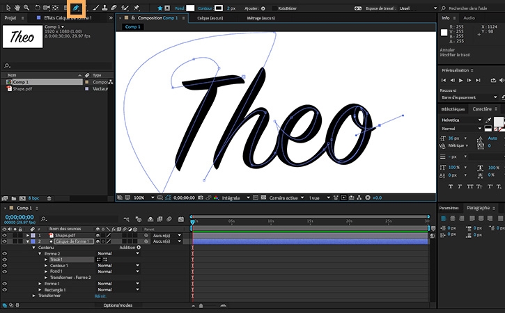 Traçage d’une ligne le long de la signature avec l’outil Plume.