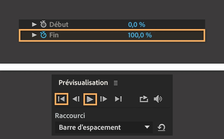 Paramètre Fin mis en évidence et réglé sur 100 % dans la section Trait du panneau Effets. Mise en évidence du bouton Première image et du bouton de lecture.