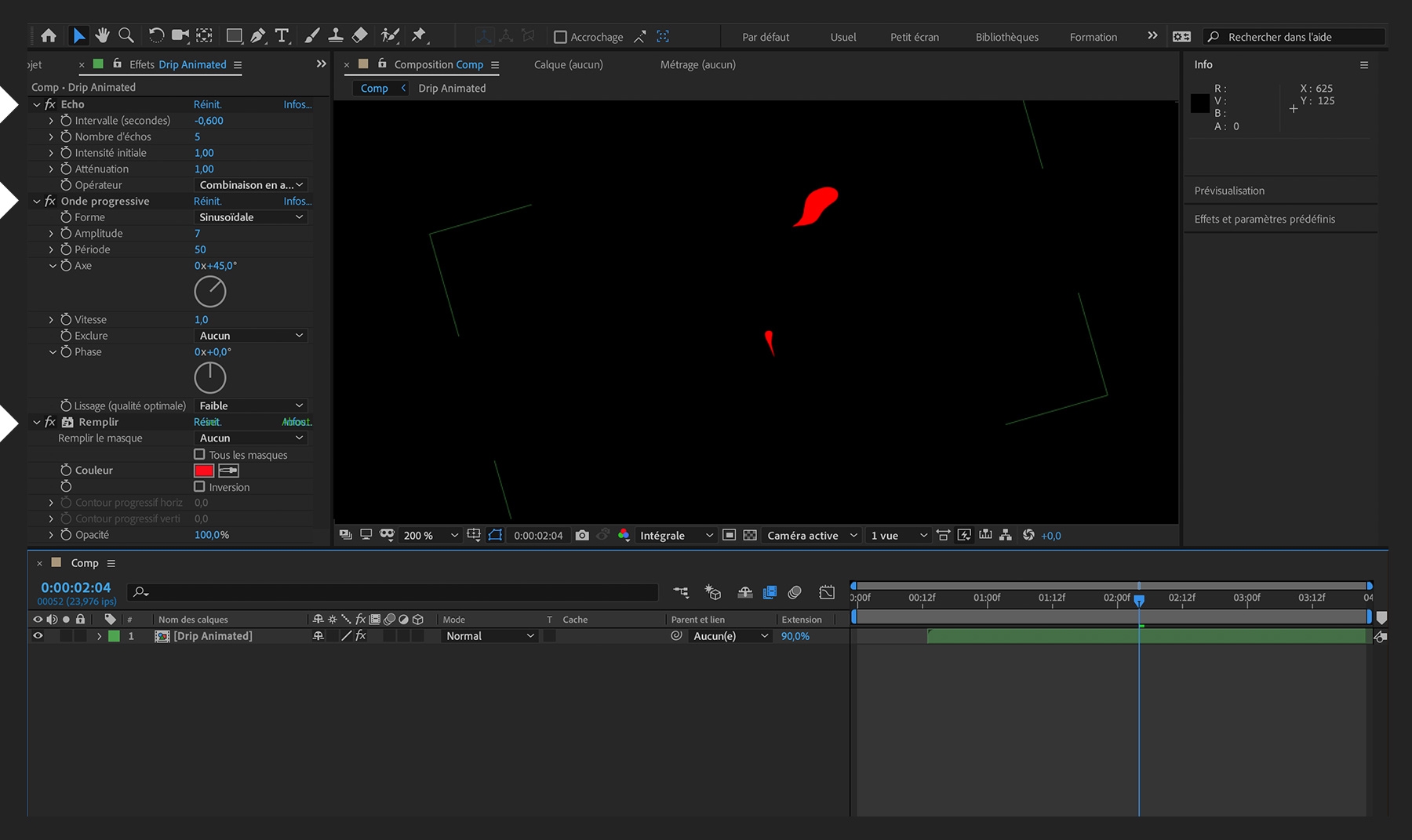 Un effet d’écho est ajouté pour lire en boucle l’animation de la forme de larme. L’animation est déformée par l’effet Onde progressive.