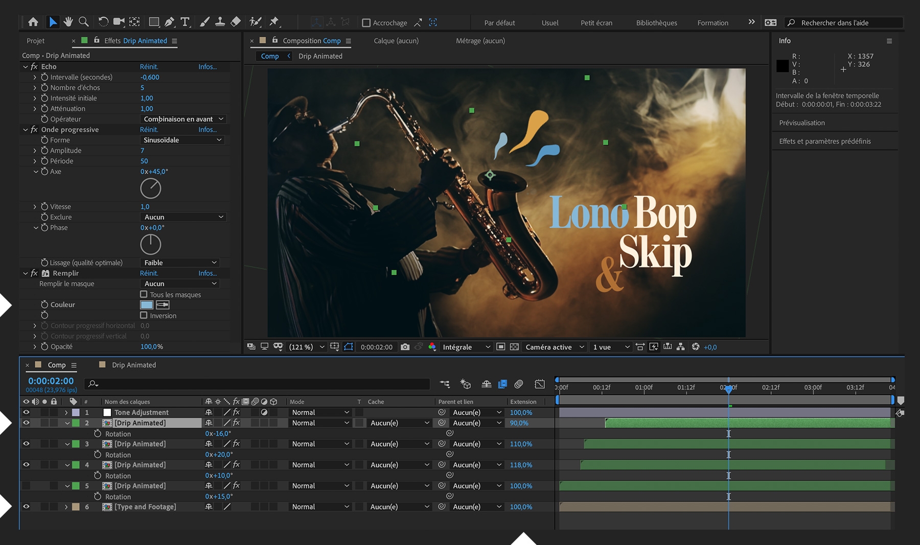 Des modifications subtiles, telles que la couleur de fond, la rotation et l’échelle, sont apportées aux calques d’animation de la forme.