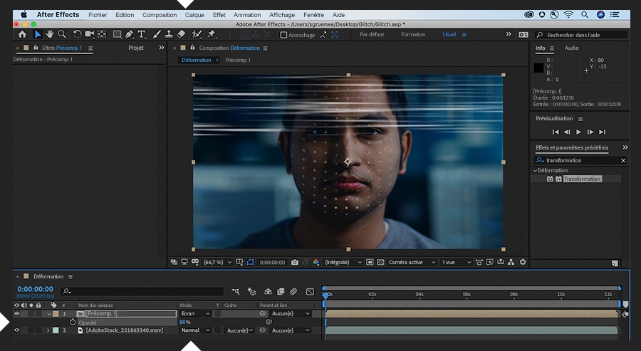 Tous les calques sont sélectionnés et l’option Calque > Précomposition est appliquée avec les paramètres par défaut. Le mode de fusion de la précomposition est défini sur Écran.