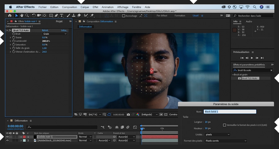 La vidéo du visage d’homme est importée dans After Effects. Un nouveau calque solide est ajouté avec l’effet Bruit TLS Auto.