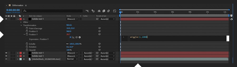 Les valeurs Position X et Y sont définies dans le menu Transformation et une valeur de tremblement est ajoutée à la position Y.