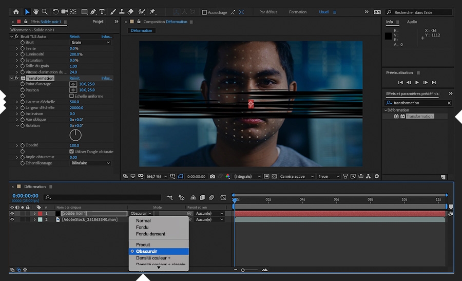 L’effet Transformation est ajouté au calque solide et le menu d’options affiche les paramètres. Des lignes noires apparaissent sur le visage de l’homme.