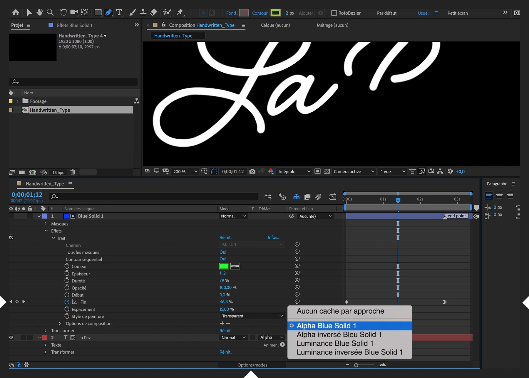 Le calque de texte est défini comme cache alpha du calque solide du contour. Les images clés de fin sont définies de 0 à 100 % sur une brève durée.