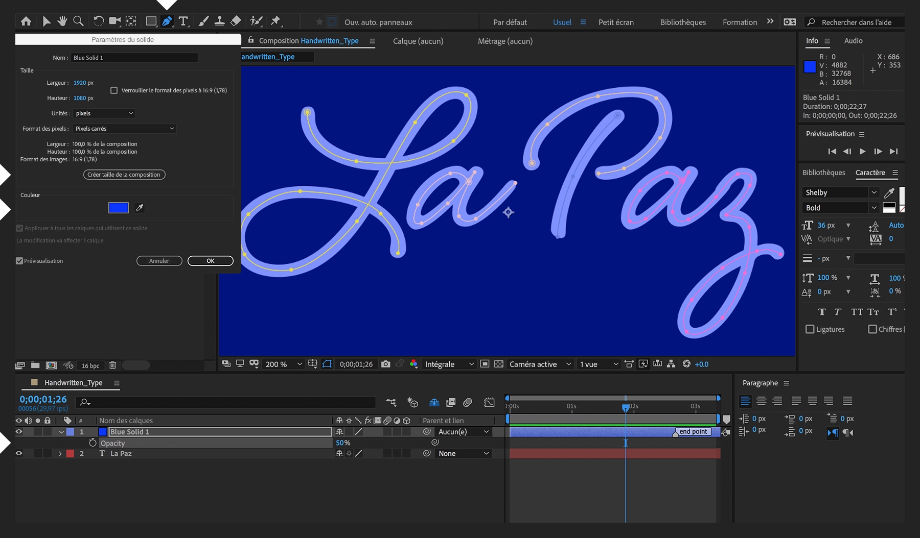 Un calque solide avec une opacité réduite est superposé sur le calque de texte. L’outil Plume dessine un tracé à l’intérieur de chaque lettre.