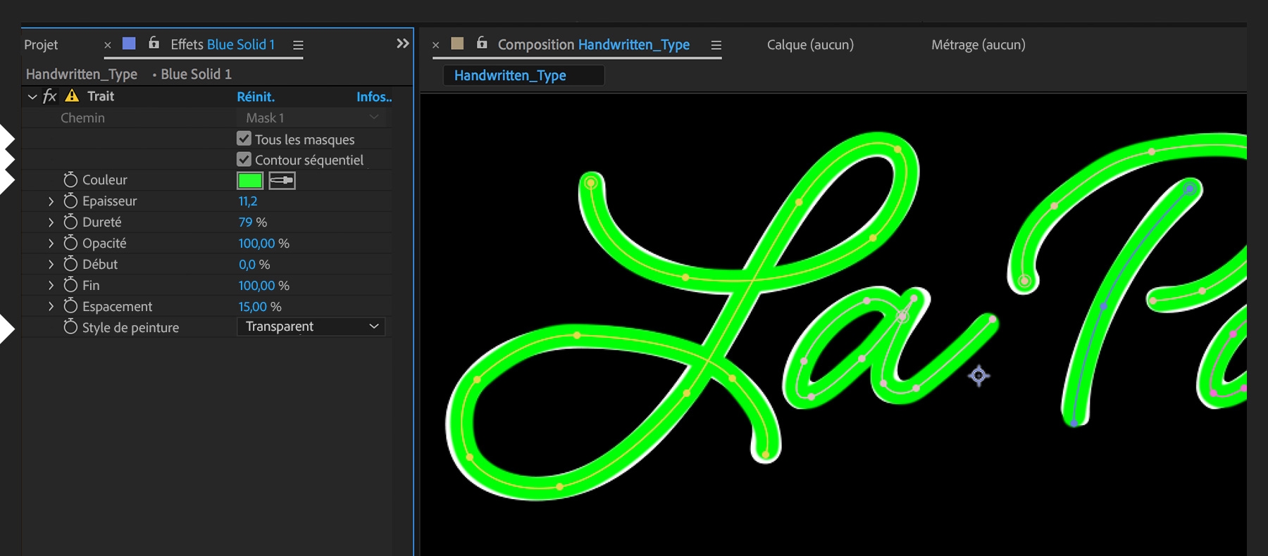 Les options Tous les masques et Contour séquentiel sont sélectionnées. Le contour est épaissi pour remplir les lettres.