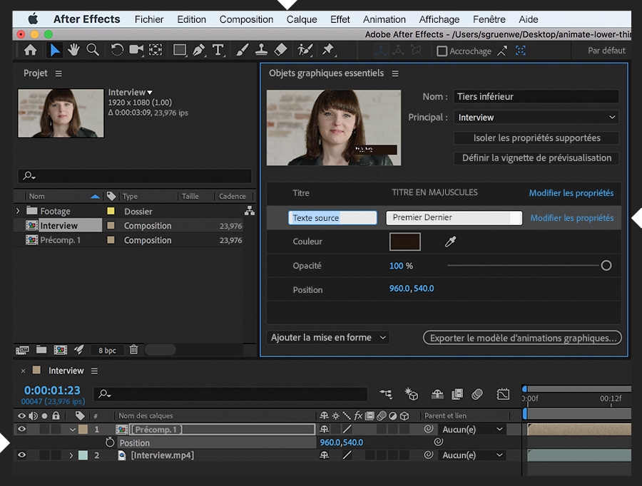 Les propriétés prises en charge sont déplacées depuis la composition vers le panneau Objets graphiques essentiels, et le calque est précomposé.