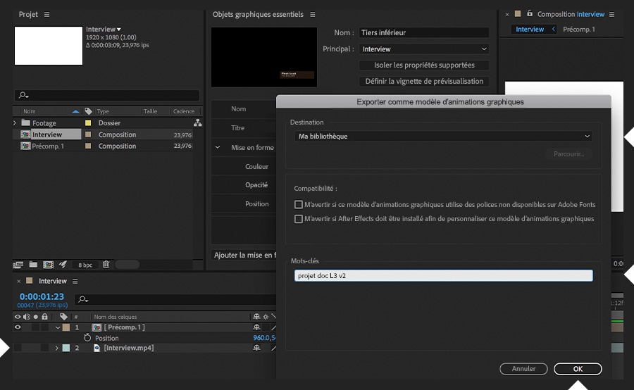 Le calque vidéo est caché, le bouton Exporter le modèle d’animations graphiques est sélectionné et une destination est choisie dans les bibliothèques CC.