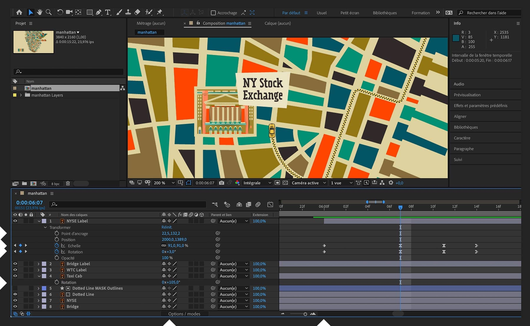 Les images clés mises à l’échelle sur douze images et les points d’ancrage tournés font pivoter et apparaître les libellés sur le passage du taxi.