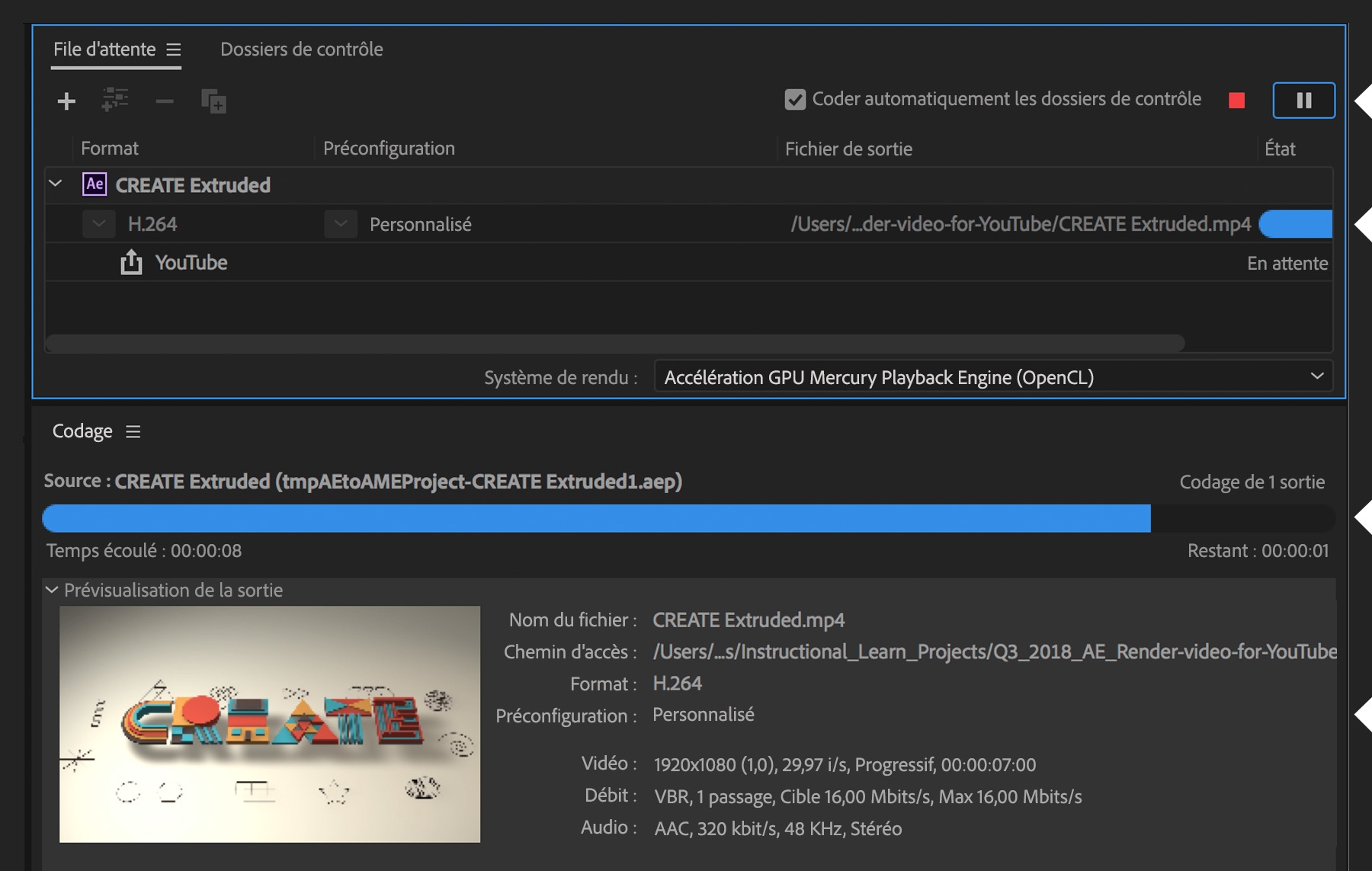 Après un clic sur le bouton Démarrer la file d’attente, Media Encoder effectue le rendu de la vidéo et la charge sur YouTube.