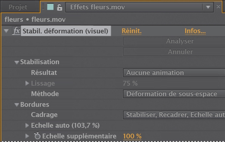 Le panneau Options d’effet présente les options de stabilisation de déformation VFX. L’option Stabilisation > Aucune animation est sélectionnée.